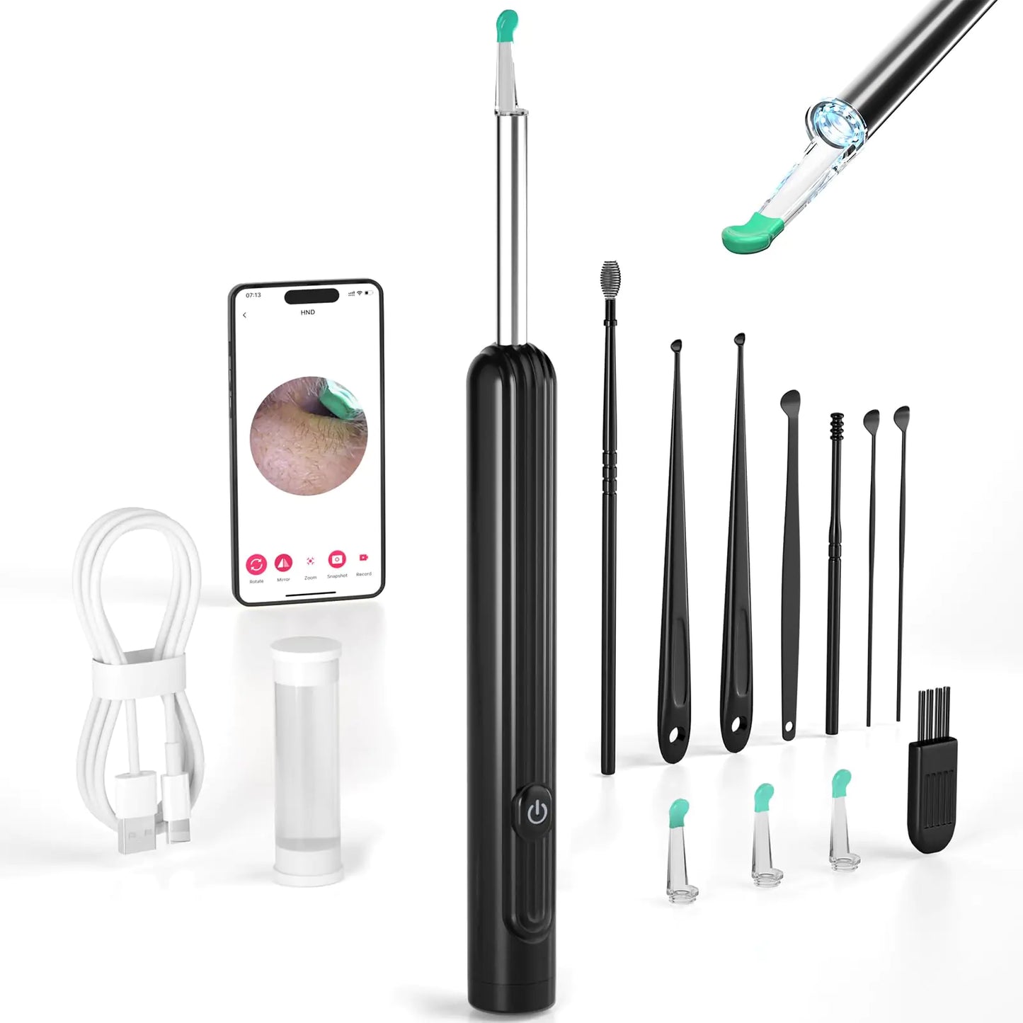 Ear Wax Removal Tool Camera Ear Cleaner with Camera Ear Wax Removal Kit with 1296P Camera Ear Cleaning Kit Ear Camera Otoscope with Light for iPhone iPad Android Phones - Black