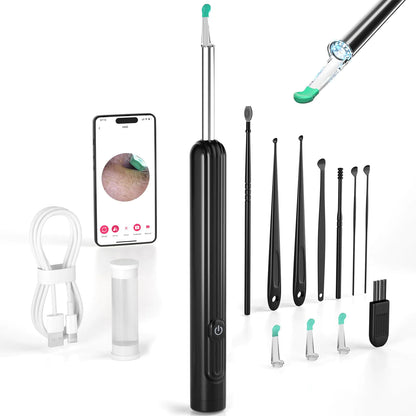 Ear Wax Removal Tool Camera Ear Cleaner with Camera Ear Wax Removal Kit with 1296P Camera Ear Cleaning Kit Ear Camera Otoscope with Light for iPhone iPad Android Phones - Black